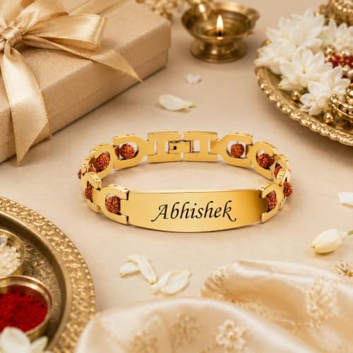 Image of The Wallet Store Personalized 24K Gold Plated Bracelet Style Rakhi for Brother with Real Lab Certified Panchmukhi Rudraksh | Custom Name Engraved Rakhi Bracelet | Raksha Bandhan Gift for Bhai