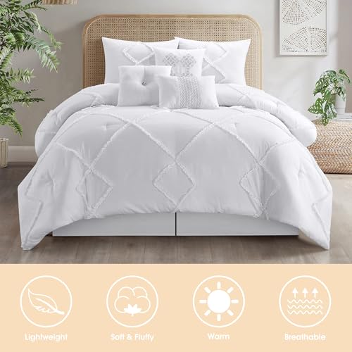 Image of LANCO MODERN LIFESTYLE 7 Pieces White Comforter Set, Queen Size, 3D Clip Jacquard Bedding Set for All Seasons, Ultra Soft and Fluffy, Matching Pilllow Shams, Bedskirt and Decor Pillows