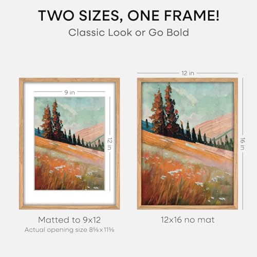 Image of Homeforia 12x16 Wood Frame, High End Natural Oak 12x16 Light Wooden Picture Frame with Mat 9x12, 12 x 16 Poster Frames Matted to 9 by 12 Photo, 16x12 Hanging Frames, Tempered Glass, Wall Kit, Set of 2
