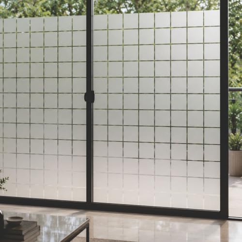 Image of CVANU Grid Pattern Frosted Privacy Window Film, Self Adhesive Waterproof Decorative Glass Covering for Doors & Windows, 2Inch Square Design Vinyl Film for Home & Office (12 x 100 Inch)