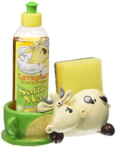 Paolo Chiari - Set 3 Pezzi, Porta Spugna e Porta Detersivo Piatti in Marmoresina Dipinta a Mano, Mucca Alice, Completo di Spugna e Detersivo (250 ml), Made in Italy, 18x7.50x21 cm