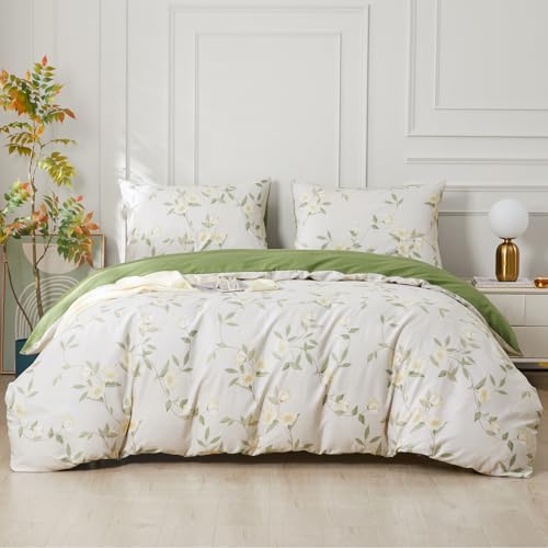 SAPHREAS Green Duvet Cover Set 100% Cotton King Size 3 Pieces Bedding Comforter Green Leaves White Floral Duvet Cover Set 1 Duvet Cover 2 Pillow Shams(No Comforter)