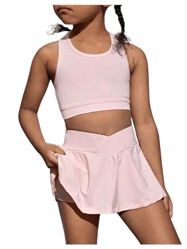 Image of SOLY HUX Toddler Girl's 2 Piece Workout Outfits Lightweight Crop Tank Tops and Skort Athletic Set Solid Pink 7Y