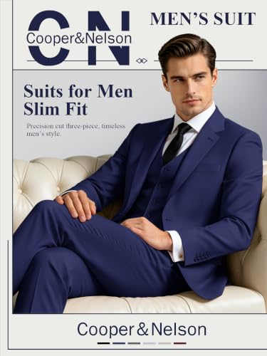 Image of Cooper & Nelson 3 Piece Mens Suit Set 2 Button Slim Fit Suits for Men Business Wedding Party Tuxedo Jacket Vest Pants and Tie