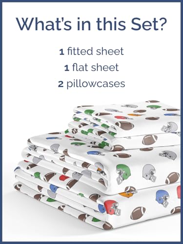 Image of Kids Full Size Football Bed Sheets - 4 Piece Kids Football Sheet Set | Football Themed Bedding, Ultra-Soft, Cute & Cozy, Breathable & Machine Washable, Bed Set for Boys, Girls & Teens, Breathable
