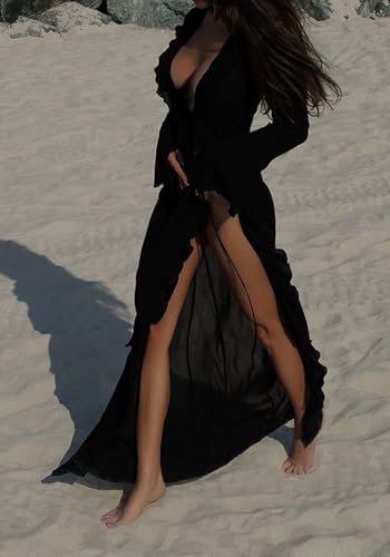 Women's Mesh Cover Up Dress Long Sleeve Sheer Kimono Cardigan Robes Beach Swimsuit Cover Ups Summer4