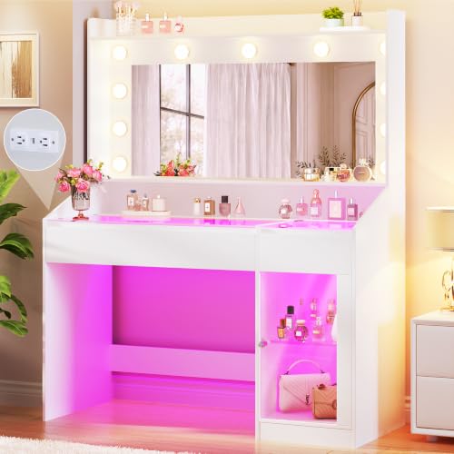 Image of HUAHUU Vanity Desk with Mirror & RGB Lights, White Makeup Vanity Table with 2 Transparent Top Large Drawers & RGB Cabinet, Vanity Desk with LED Lighted Mirror 3 Colors, Power Outlets, Flip-up Drawer