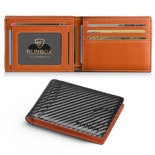Image of RUNBOX Wallet for Men Slim Leather Bifold RFID Blocking Minimalist Front Pocket Design with Gift Box