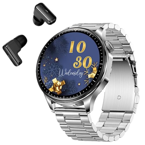 JUSUTEK 2025 業界新登場 スマートウォッチ+TWSイヤホン 開閉式イヤホンボックスを隠す 1.43インチAMOLED金属腕時計 万歩計 女性機能 両耳イヤホン IP67防水 イヤホンBluetooth通話 消費カロリー 380以上文字盤自由設定