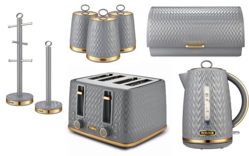 TOWER Empire Grey Kitchen Set Including Jug Kettle, 4 Slice Toaster, Bread Bin, Set of 3 Canisters, Mug Tree & Towel Pole. Art Deco Design Kitchen Set of 8 Items in Grey with Brass Accents