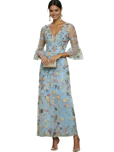 Women's V-Neck Bell Sleeve Floral Embroidered Maxi Dress Sheer Tulle Formal Gown Wedding Guest...