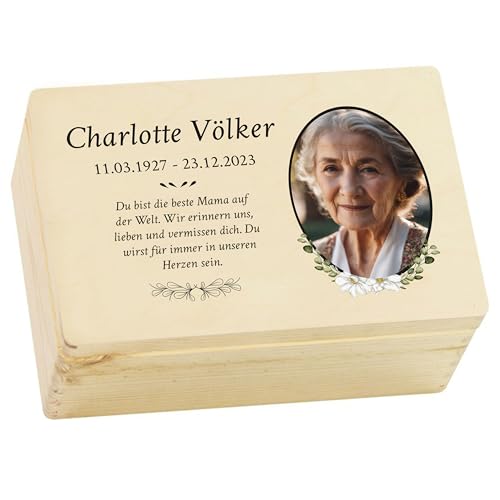 LAUBLUST Trauer Erinnerungsbox - Trauerkiste Personalisiert mit Name, Wunschtext oder Foto | Erinnerungsbox Verstorbene - Holzkiste Natur, FSC® (Blumen Motiv, ca. 30 x 20 x 14 cm | M)