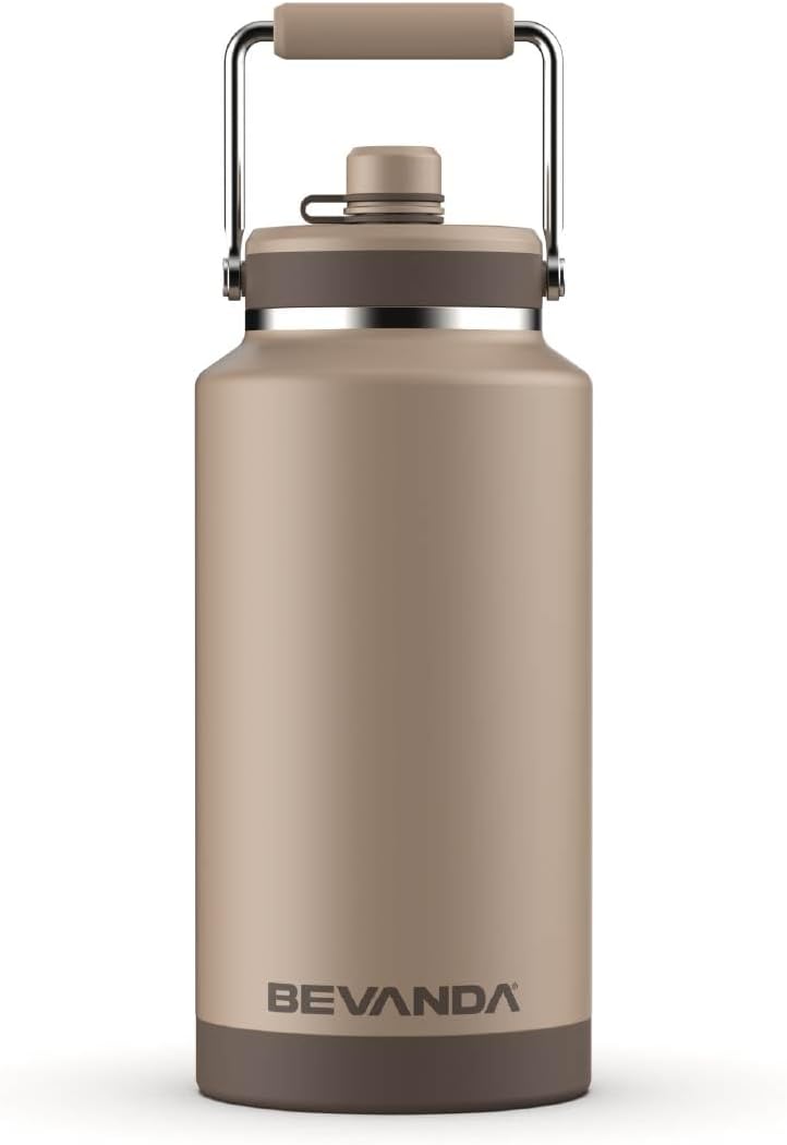 Bevanda - 1 Gallon Stainless Steel Insulated Water Jug (White) - Leakproof Hydration Bottle with Magnetic Cap & Steel Handle - Vacuum Sealed for Jobsite & Outdoor Work