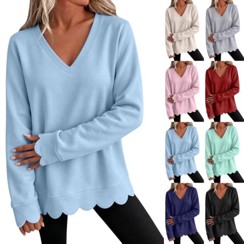 Oversized Scalloped Sweatshirt for Women Casual Pullover Tops Blue L - image 1