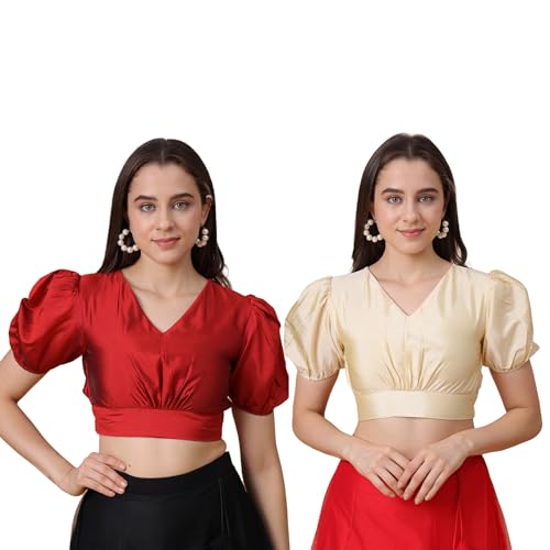 Image of Frolic Rolic Premium Silk V-Neck Blouse Readymade Saree Blouse - Designer Puff Sleeve Blouse for Wedding