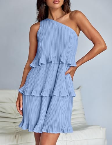 Image of ZESICA Women's 2025 Summer Sleeveless Mini Dress Boho One Shoulder Ruffle Tiered Layered Flowy A Line Dresses