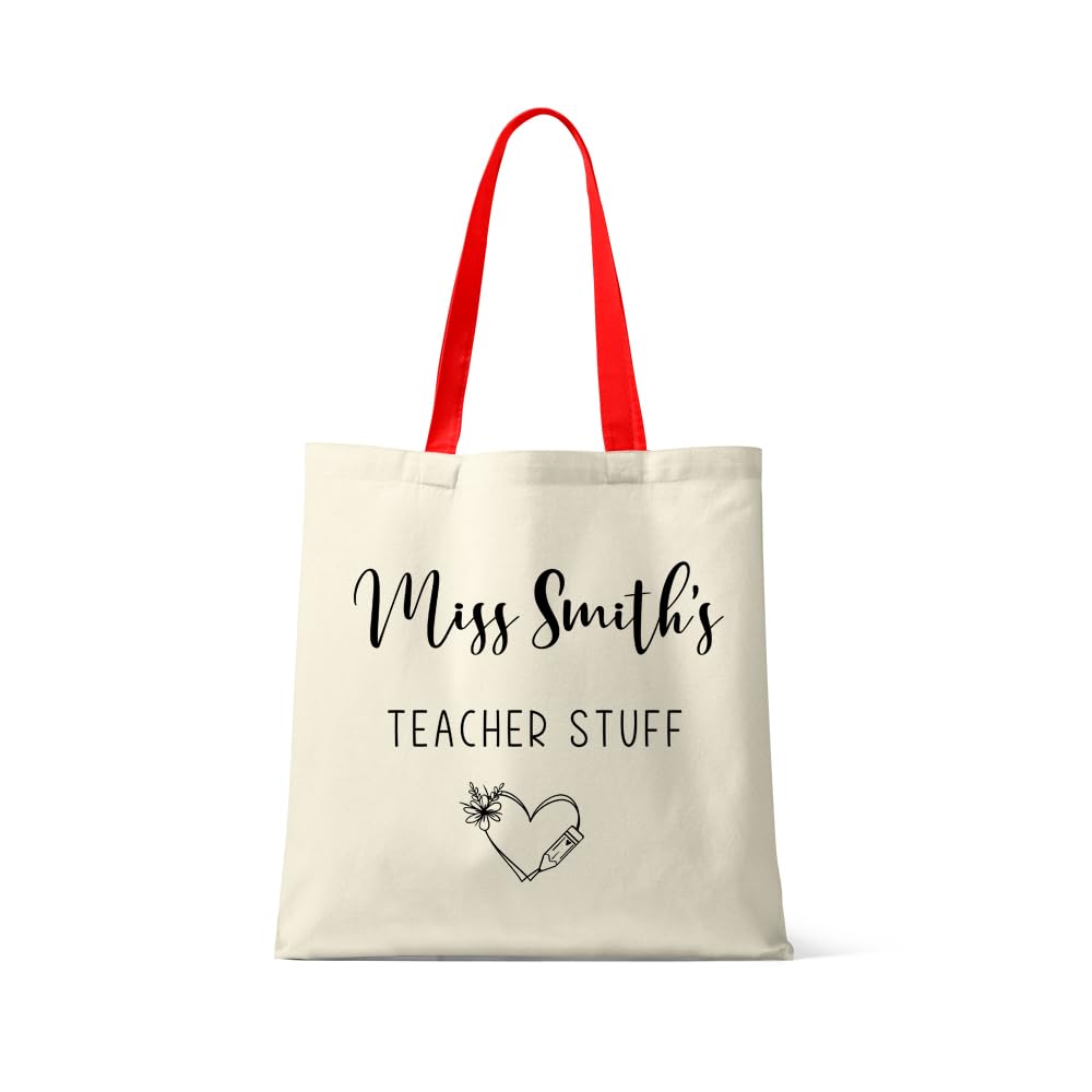 Getagift Personalised Teacher Tote Bag – “Teacher Stuff” Design – Custom Name Gift for Teachers – Thank You Present - Reusable Bag, Shopping Bag, Tote Bag. (Red Handle)