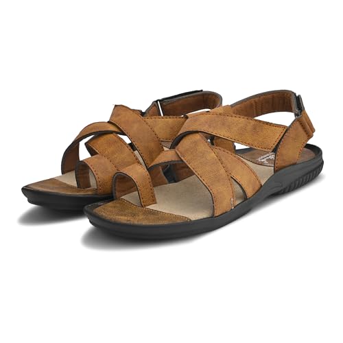 Image of Centrino Men's Sandals | Brown /Tan Textured Cushioned Sole Casual Leather | Strap Sandal with Adjustable Buckle | Comfortable Casual Footwear for Summer Office Travel (9574)