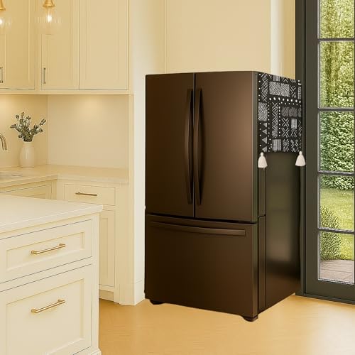 Image of French Door Big Size Fridge Top Cover >400L | 450 GSM Durable Refrigerator Cover with Corner Tassels & Pockets | Fits Godrej, LG, Haier, Samsung Models |Dustproof Mud Cloth Print| WWW.THROWPILLOW.IN
