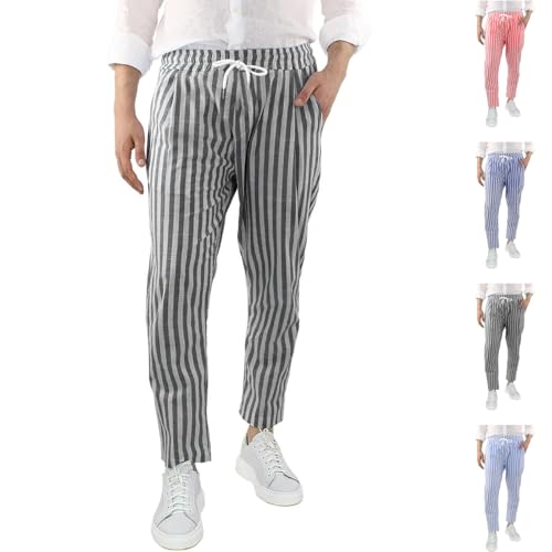 Generisch Pantalon en lin rayé pour homme - Pantalon léger à rayures claires - Pantalon de loisirs - Pantalon en coton mélangé confortable avec cordon de...