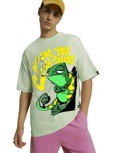 Image of Bewakoof Men's Watching You Change Colours Graphic Printed 100% Cotton T-Shirt - Oversized Fit, Round Neck, Half Sleeves