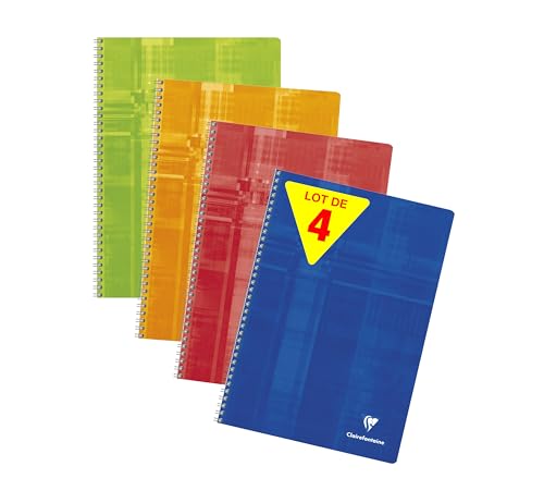 Clairefontaine 68142AMZC Un lot de 4 Cahiers à Spirale - A4 21x29,7 cm - 100 Pages Petits Carreaux - Papier Blanc 90 g - Couverture Carte Pelliculée -...