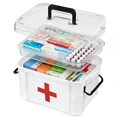 15QT Clear Medicine Organizer Box with Handle Plastic Medicine Container with Tray First Aid Box Empty Thickened Medicine Storage Organizer Multipurpose Medication Organizer Storage White