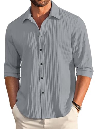 Image of FINIVO FASHION Men's Casual Cotton Blend Plain Button Down Shirt Long Sleeve Textured Summer Beach Shirt for Men