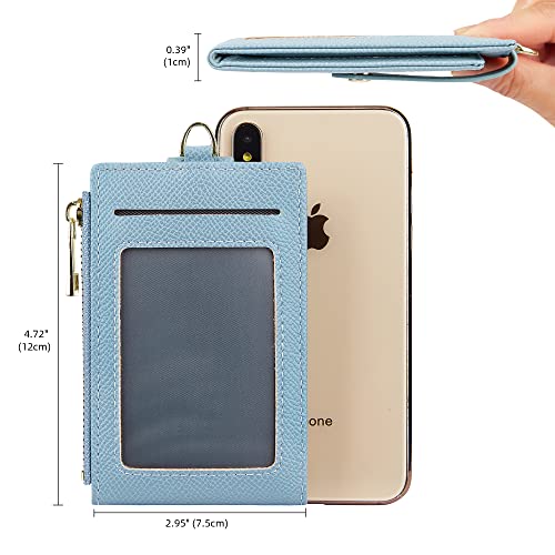 Cynure Women & Men Leather Keychain Card Holder Slim Small Zipper Front Pocket Wallet With 2 Id Window, Skyblue #TOP4
