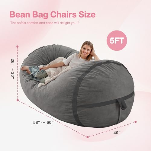Image of 5FT Bean Bag Chair 5'Giant Bean Bag Chairs with Adults, Large Beanbag Chair | Bean bag Lounger with Machine Washable Cover Dutch Velvet Fabric, Comfy Chairs for Living Room, Bedroom, Dorm, Darkgrey