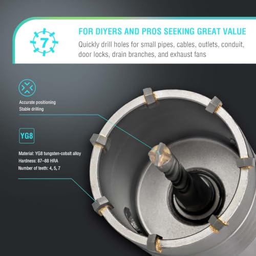 Image of BINOTA 7PCS 30-60 mm (1-3 /16 inch to 2-3 /8 inch) Concrete Hole Saw Kit | Tungsten carbide Core drill set; SDS-Plus shank; Cross-type center drill bit; Dry drilling for concrete /brick /stone