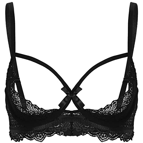 TiaoBug Soutien-Gorge Sexy Femme Dentelle Brassière Push Up Bra Seins Nu Lingerie de Nuit Erotique sous-Vêtement Transparent Corset S-4XL Noir XL