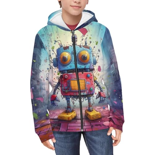 JooMeryer Teens Girls Boys Cartoon Robot Print Long Sleeve Casual Front Zip Up Hoodie 8-14Y2