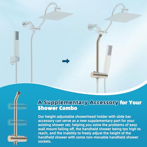 Hibbent Shower Slide Bar with Handheld Shower Head Holder, Stainless Steel Shower Arm Extension Sliding Bar, Height & Angle Adjustment Showerhead Holder, Brushed Nickel - image 4