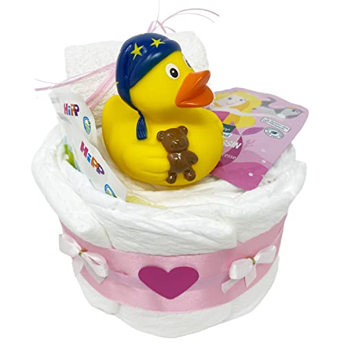 windeltorten.eu Kleine Windeltorte Badeente Schlafmütze für Mädchen in rosa. Tolles Geschenk zur Taufe, Geburt oder Babyparty Cover