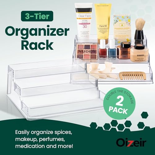 Oizeir Clear Spice Rack (2-Pack) - 3-Tier Seasoning Organization for Cabinet - Deep Acrylic Pantry Organizer - Holds Seasoning, Condiment Bottle - 10.4" x 9.6" x 4" - Image 3