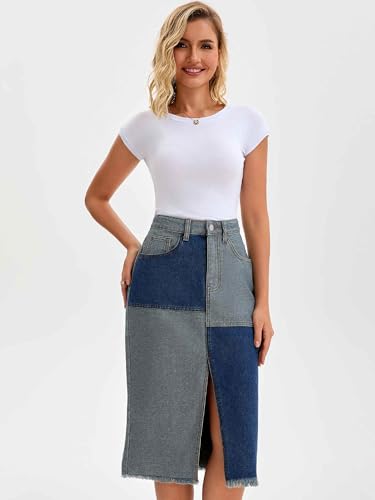 Women's Denim Skirt Patchwork Color Block Raw Hem High Waisted Midi Jean Skirts with Slit2