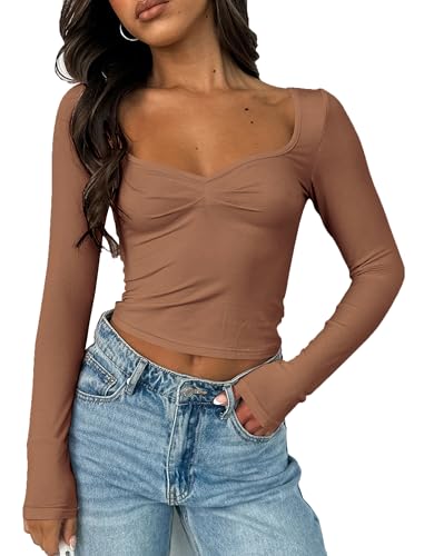 Image of Women Sweetheart Neckline Basic Fitted Tops Long Sleeve Going Out Crop Tops Ruched T Shirts