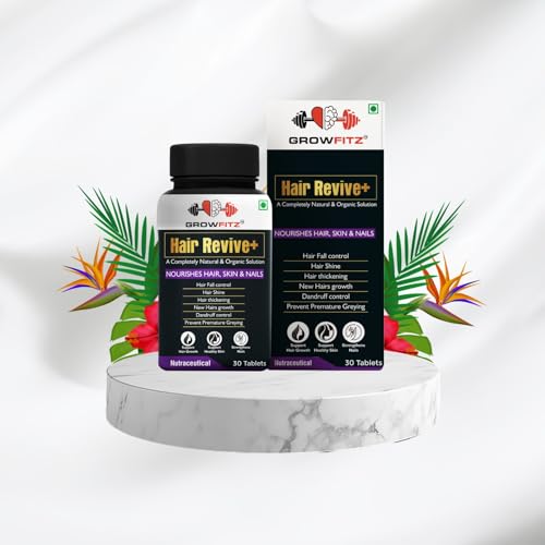 Image of Growfitz Hair Revive+ | Ayurvedic & 100% Natural | Hair Growth, Skin, Nails | For Men & Women - 30 veg tablets (Pack of 2)