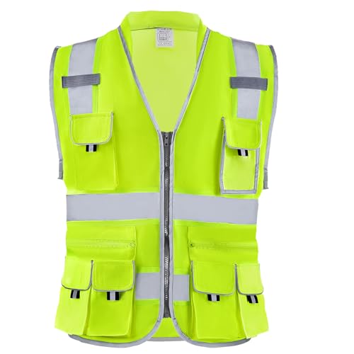 Happybuy Safety Vest, 10-Pocket Yellow Hi-Vis Safety Vest with Zipper Front & Reflective Strips, High Visibility Work Vest with Pockets & Walkie-Talkie Clip for Men & Women