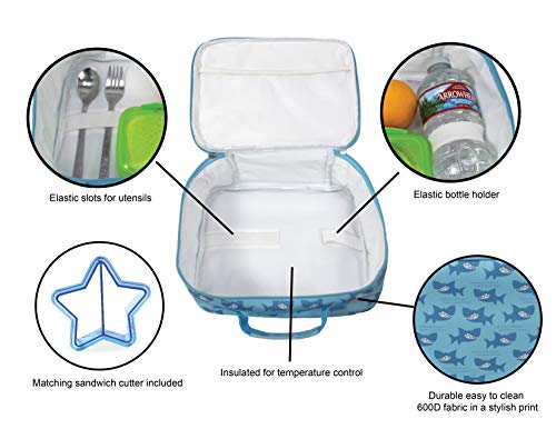 Keeli Kids Insulated Lunch Box Boxes Bag Totes Reusable Cooler Back to School Luchbox for Toddler or Elementary Boys & Girls with Sandwich Cutter in Blue Sharks