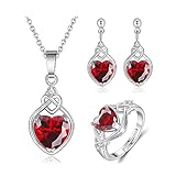 CERSLIMO Jewellery Set for Women - Garnet Diamond Heart Pendant Necklace, Dangle Earrings for Women & Adjustable Silver Rings Set | Jewellery Set for Girlfriend Wife Wedding Gifts for Bridesmaid