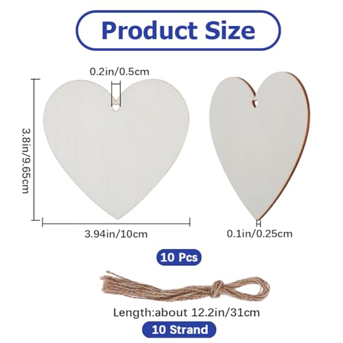GORGECRAFT 10Pcs Heart Unfinished Wood Ornaments Wooden Hearts Crafts Rustic Blank Wood Craft Kit with Hemp Ropes and Predrilled Holes for Hanging Decoration Embellishments DIY Home Decor - Image 2