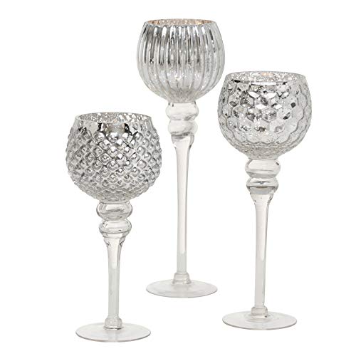 Spectacular Cape Cod Long Stem Candle Holders, 3 Pieces, Silver Mercury Glass, Mix Match Set, Proportioned at 11.75, 9.75, and 7 Inches Tall, for Tealight or Votive or Ball Candles