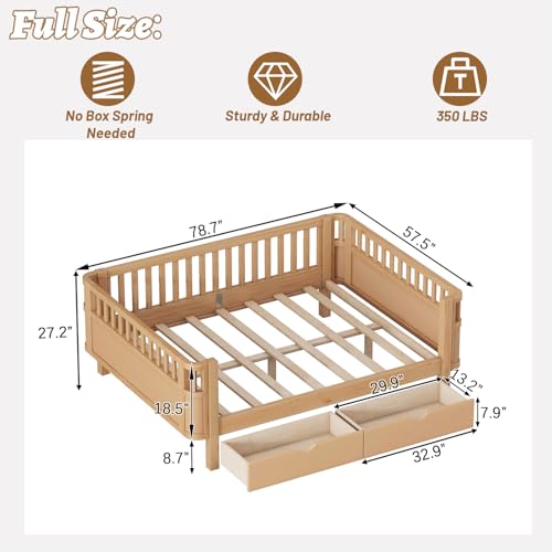 OYUMOENTS Full Size Kids Bed Frame, Low Profile Montessori Bed Full with Rails, Wood Daybed with Storage Drawer for Girls & Boys, No Spring Box Required, No Squeaks, Natural