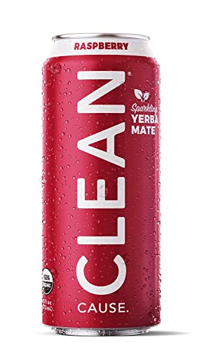CLEAN Cause Low Calorie Raspberry USDA Organic Sparkling Yerba Mate Tea - Low Sugar, 160mg Caffeine, 16oz cans, 12-Pack. Healthy alternative to soda & energy drinks.