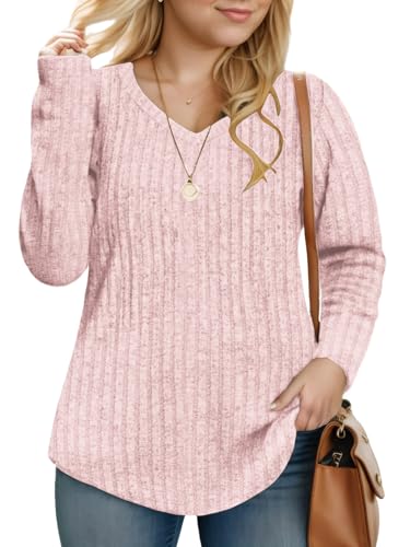 Plus-Size-V-Neck-Womens-Tops Dressy Long Sleeve T Shirts Trendy Lightweight Knit Sweaters Casual Loose Pullover Tunic