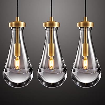 Joyunleo Raindrop Pendant Light Fixtures Set of 3, Brass Glass Pendant Lighting, Teardrops Pendant Lights Kitchen Island, Indoor Pendant Light for Kitchen Island Bedroom Bathroom, Included Bulb