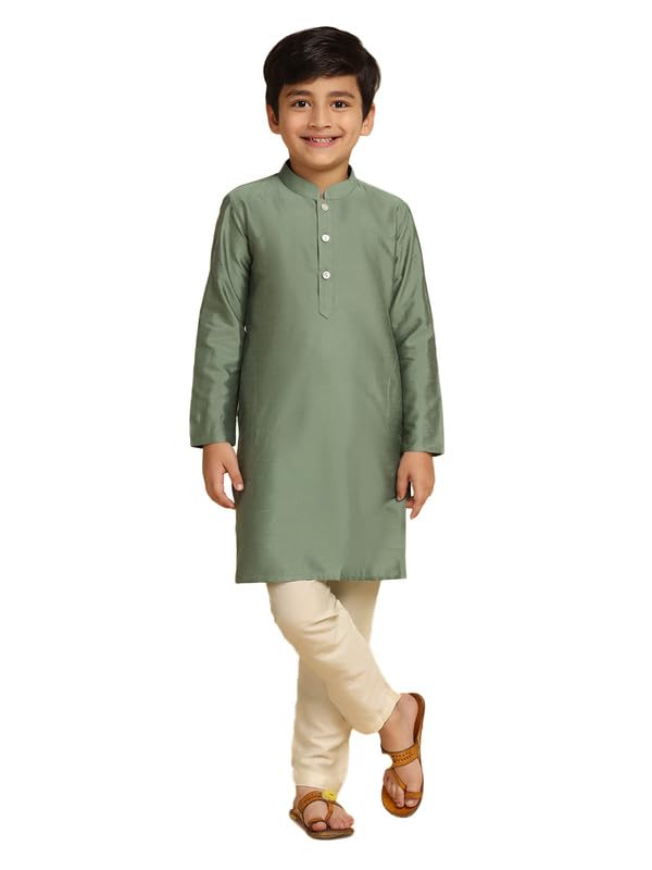 Kisah Boy's Kurta Pyjama Set, Green Cotton Blend, Solid Long Sleeves Regular Fit Mandarin Collar|9-10 Years