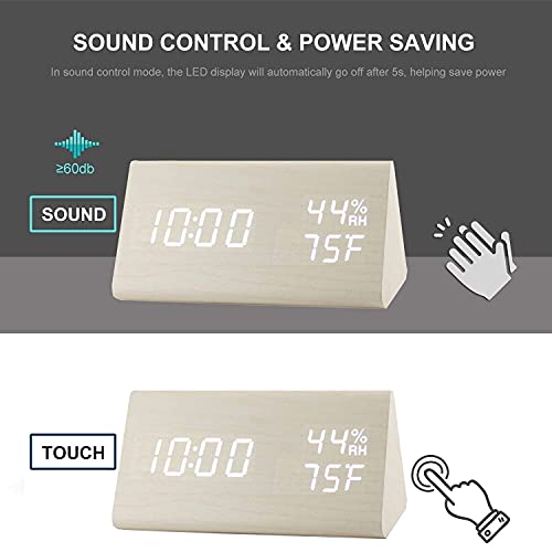 Jall Digital Alarm Clock, With Wooden Electronic Led Time Display, 3 Alarm Settings, Humidity & Temperature Detect, Wood Made Electric Clocks For Bedroom, Bedside, Desk, White #TOP4